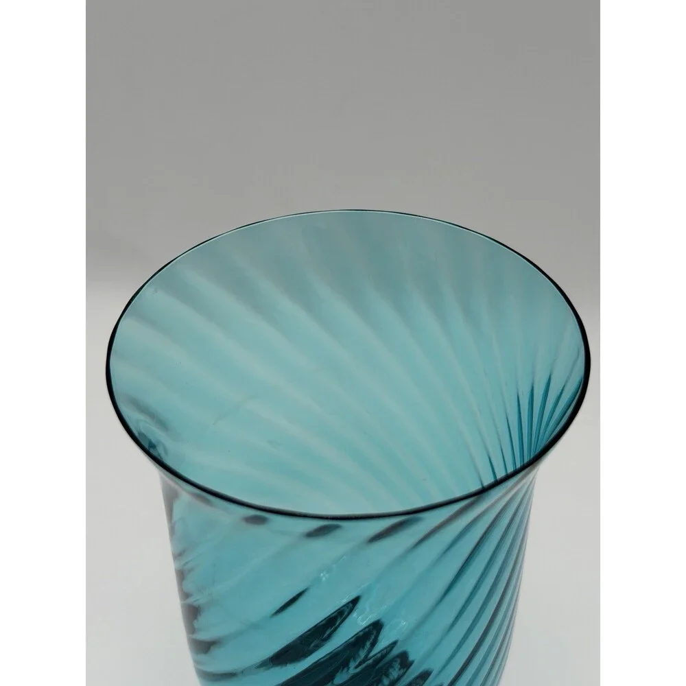 Empoli Italy Handblown Art Glass Diamond Optic Teal Pedestal Vase 8.5” Swirl